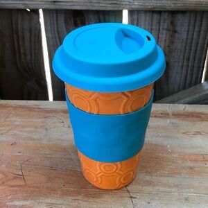 SCM Designed Orange Textured Ceramic Travel Tumbler Turquoise Blue Lid & Band
